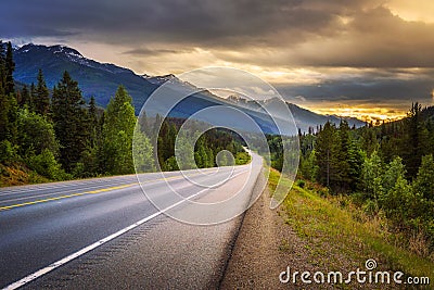 Scenic Icefields Pkwy in Banff National Park at sunset Stock Photo