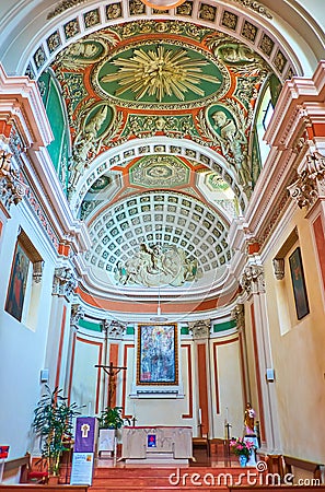 The interior of Chiesa di Porza church, with scenic ceiling decorations, Porza town, Switzerland Editorial Stock Photo