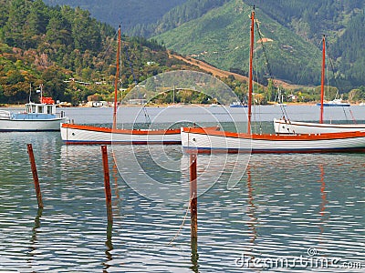 Scenic Kenepuru Sound images clinker sailing boats with masts moored together Stock Photo