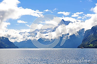 Scenic Lake Lucerne and mountain landscape in Swiss Knife valley Brunnen Stock Photo