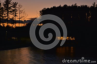 Scenic Lake View House Silhouette Sunset Evening Landscape Peaceful Scenery Background Stock Photo