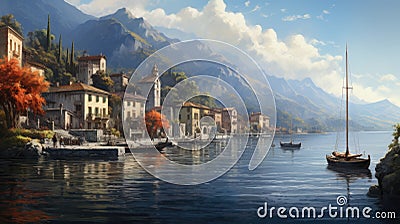 Scenic lakeside village with boats and mountains Stock Photo