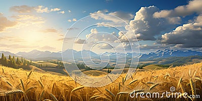 Scenic landscape of endless fields of ripe wheat against the backdrop of mountains Stock Photo