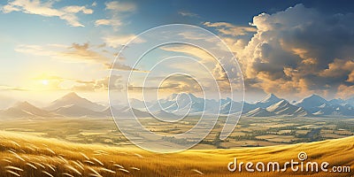 Scenic landscape of endless fields of ripe wheat against the backdrop of mountains Stock Photo