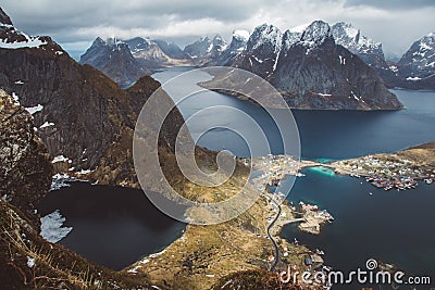 Scenic landscape of Lofoten islands: peaks, lakes, and houses. Reine village, rorbu, reinbringen Stock Photo