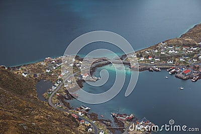 Scenic landscape of Lofoten islands: peaks, lakes, and houses. Reine village, rorbu, reinbringen Stock Photo