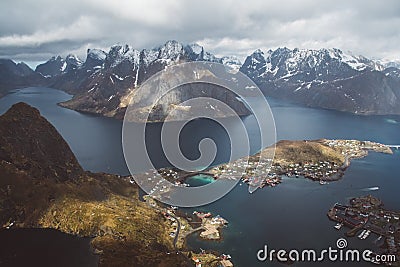 Scenic landscape of Lofoten islands: peaks, lakes, and houses. Reine village, rorbu, reinbringen Stock Photo