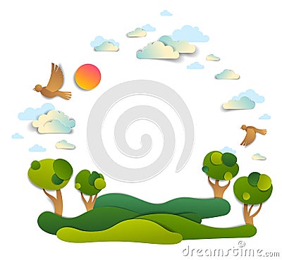Scenic landscape of meadows and trees, cloudy sky with birds and sun, frame background with copy space, vector illustration in Vector Illustration