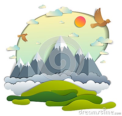 Scenic landscape of mountain peaks range, cloudy sky with birds and sun, summer vector illustration in paper cut kids style. Vector Illustration