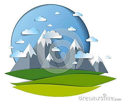 Scenic landscape of mountain peaks range, cloudy sky, summer vector illustration in paper cut kids style. Summer holidays, travel Vector Illustration