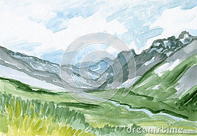 Scenic Landscape - Mountains, River and Meadow, Watercolor sketch, hand painted illustration Cartoon Illustration