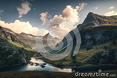 Scenic landscape with mountains, stream and sky with clouds, created using generative ai technology Stock Photo