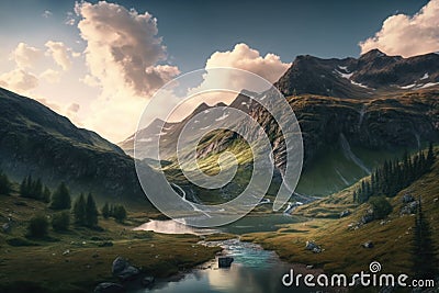 Scenic landscape with mountains, stream and sky with clouds, created using generative ai technology Stock Photo