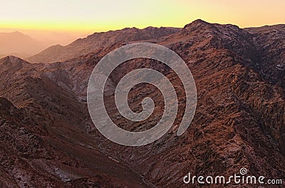 Scenic landscape in the mountains at sunrise. Amazing view from Mount Sinai Mount Horeb, Gabal Musa, Moses Mount Stock Photo