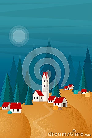 Scenic landscape of small town on the hills Vector Illustration