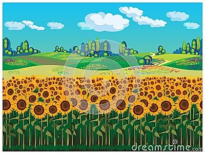 Scenic landscape with sunflowers Vector Illustration