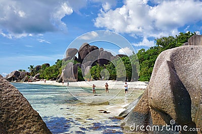 Scenic landscape of sunny tropical Anse Source D`Argent Beach on La Digue Island Editorial Stock Photo
