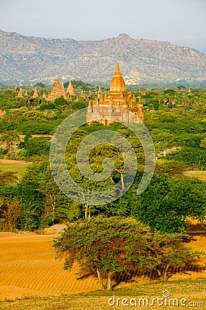 Scenic landscape view of antient temples at sunrise, Bagan, Myan Stock Photo