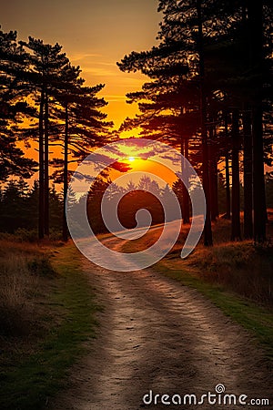 scenic landscape with a wavy path winding through a hillside adorned with trees, leading to a great sunset. Stock Photo