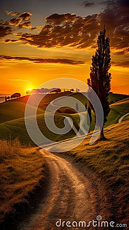 scenic landscape with a wavy path winding through a hillside adorned with trees, leading to a great sunset. Stock Photo