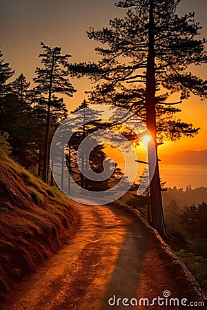 scenic landscape with a wavy path winding through a hillside adorned with trees, leading to a great sunset. Stock Photo