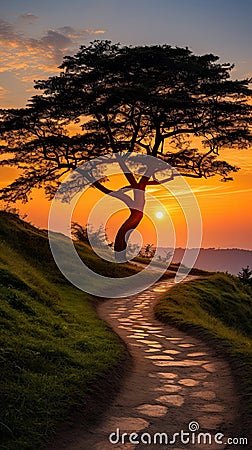 scenic landscape with a wavy path winding through a hillside adorned with trees, leading to a great sunset. Stock Photo