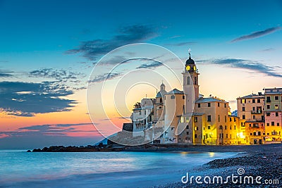 Scenic Mediterranean riviera coast. Panoramic view of Camogli town in Liguria, Italy. Basilica of Santa Maria Assunta and colorful Stock Photo