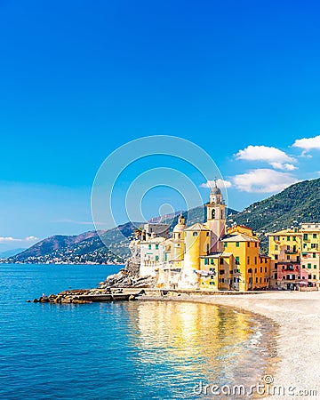 Scenic Mediterranean riviera coast. Panoramic view of Camogli town in Liguria, Italy. Basilica of Santa Maria Assunta and colorful Stock Photo