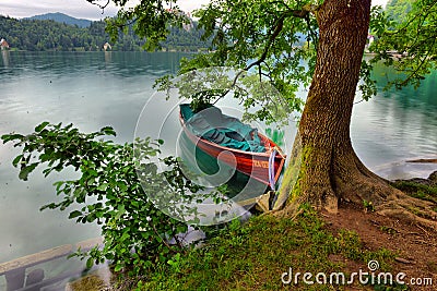 Scenic morning view of St. Martin`s Parish Church near Bled Lake. Beautiful autumn weather during sunrise. Editorial Stock Photo