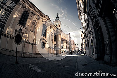 Scenic narrow cobbled street with historic buildings in an old town of Pilsen Plzen. Czech Republic Editorial Stock Photo