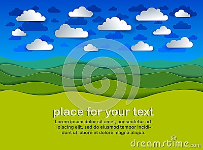 Scenic nature landscape of green grass meadow and clouds in the sky cartoon paper cut modern Vector Illustration