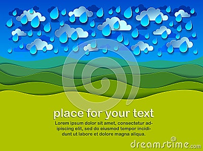 Scenic nature landscape of green grass meadow under rain drops c Vector Illustration