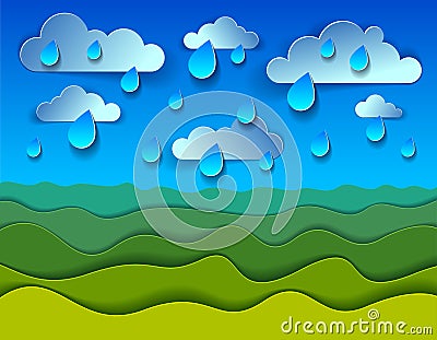 Scenic nature landscape of green grass meadow under rain drops cloudy Vector Illustration