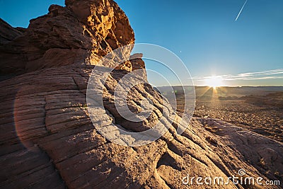 Scenic nature view of sand mountains rock in Arizona canyon and desert at sunset time. Stock Photo