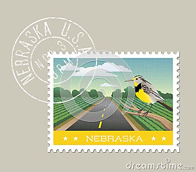 Scenic Nebraska farmland with Meadowlark. Vector Illustration