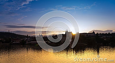 Scenic panorama cityscape view of Moldava river boat Prague in Czech Republic. Stock Photo