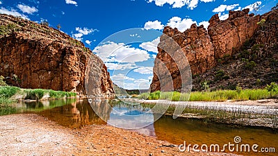 Scenic panorama of Glen Helen gorge in West MacDonnell National Park in central outback Australia Stock Photo