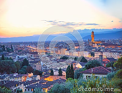 Scenic panorama view. Arno river and Ponte Vecchio panorama of Florence. Nice sunny skyline of Florence. Florence panorama city Stock Photo