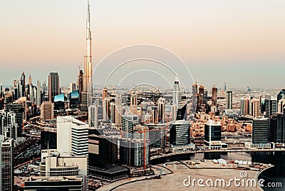 Scenic panoramic view of downtown Dubai, UAE, at sunset Stock Photo