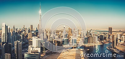 Scenic panoramic view of Dubai modern architecture at sunset. Stock Photo