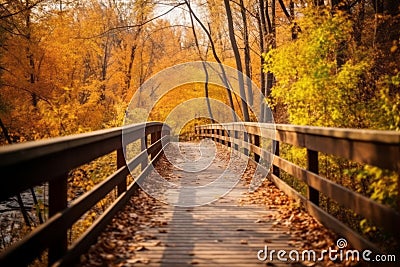 A scenic pathway surrounded by vibrant autumn foliage, showcasing the golden hues of the season. Generative Ai Stock Photo