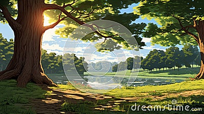Scenic Cartoon Illustration Of A Tree With Beautiful Morning Sunlight Stock Photo