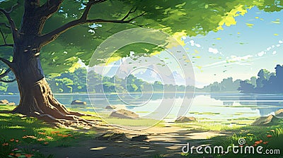 Scenic Cartoon Illustration Of A Tree With Beautiful Morning Sunlight Stock Photo