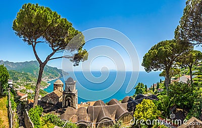 Scenic picture-postcard view of famous Amalfi Coast from Villa Rufolo gardens in Ravello, Italy Stock Photo