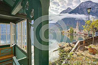 Scenic picture-postcard view of famous Hallstatt mountain village Stock Photo
