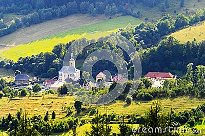 Scenic picturesque countryside landscape. Vast panorama view of Jugow village in the Owl Mountains Gory Sowie, Poland. Stock Photo