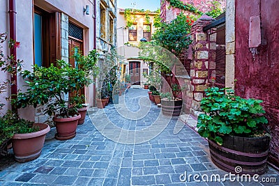 Scenic picturesque streets of Chania venetian town. Chania, Creete, Greece Stock Photo