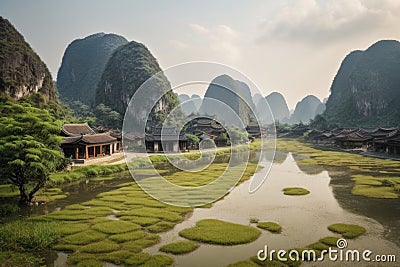 Scenic Retreat: A Serene Village in the Heart of Ning Binh Valley Stock Photo