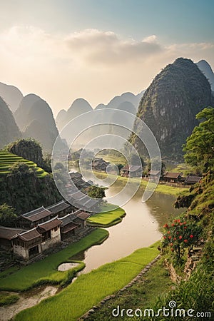 Scenic Retreat: A Serene Village in the Heart of Ning Binh Valley Stock Photo