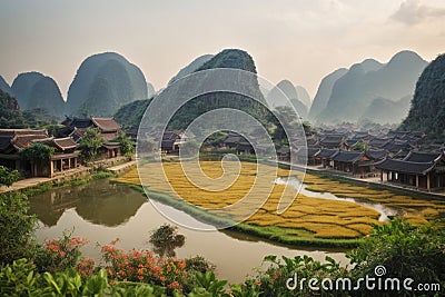 Scenic Retreat: A Serene Village in the Heart of Ning Binh Valley Stock Photo